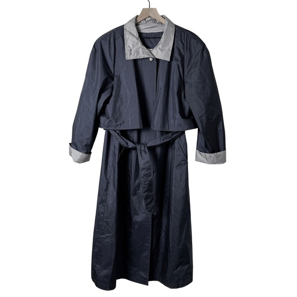British Mist Jackets & Blazers - British Mist Womens Vintage Trench Coat Navy Blue Size 16 Gingham Trim Belted